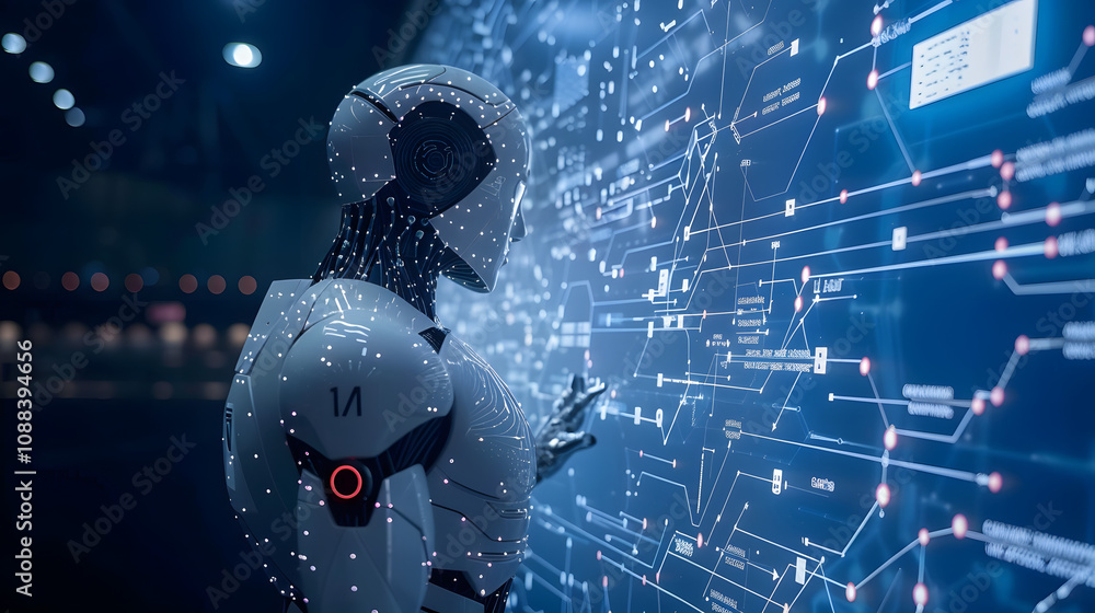 Poster technology and people concept man use ai to help work, ai learning and artificial intelligence conce