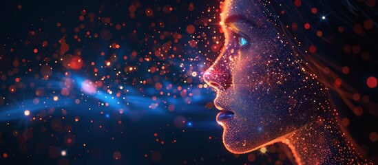Abstract portrait of a woman's face, made up of glowing particles, with a bright blue and orange background.