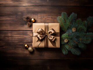 Beautifully wrapped Christmas gift with gold paper and a shiny golden bow, on a natural wooden table with pine branches and baubles. Top down view.