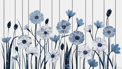 Background design of bright blue flowers and leafy patterns