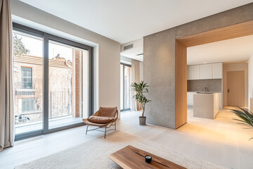 Modern living space with large windows and minimalistic design in urban apartment setting