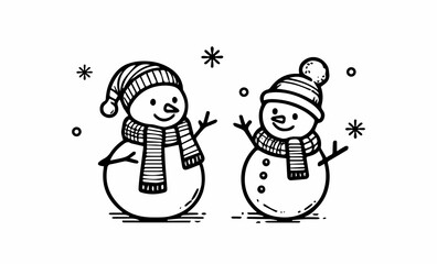 Two snowmen wearing hats and scarves, cartoon illustration