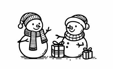 Two snowmen wearing hats and scarves, cartoon illustration