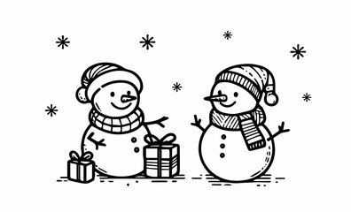 Two snowmen wearing hats and scarves, cartoon illustration