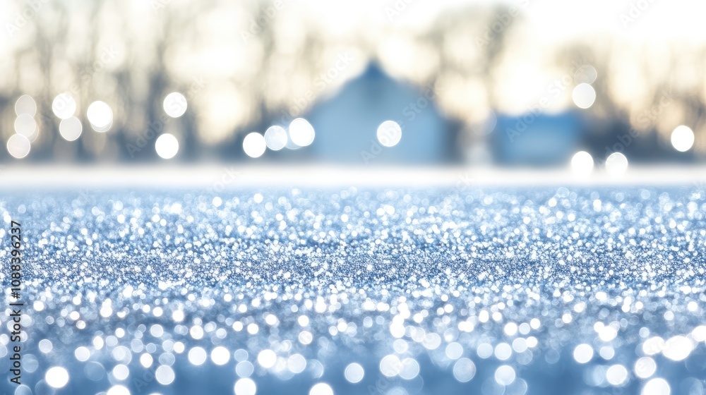 Poster delicate frost blankets the ground, shimmering under soft sunlight, while a blurred backdrop hints a