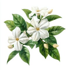 Obraz premium White Jasmine Flowers with Green Leaves.