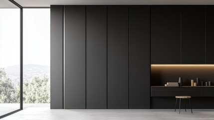 Luxurious wardrobe room with black wood cabinetry sunlight streaming through large windows and a clean, modern aesthetic