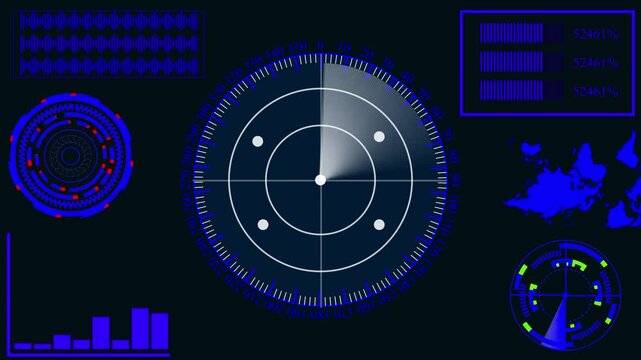 Radar HUD Screen Animation 4K. Motion graphic of colorful sonar radar screen searching an object with line digital technology background, Futuristic animation concept seamless loop video