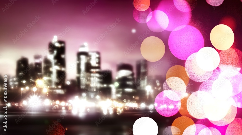 Poster abstract cityscape with colorful bokeh lights at night, blurred urban background creating a dreamy a