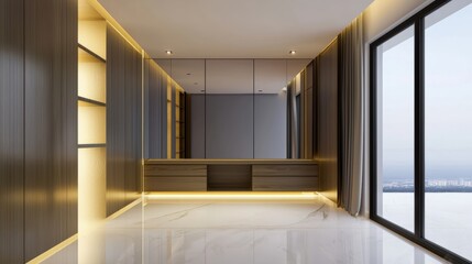 Modern dressing room with seamless LED lighting warm tones and sleek builtin shelves luxurious and futuristic organization concept