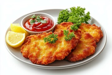 Crispy Fried Chicken Cutlets with Ketchup and Lemon.