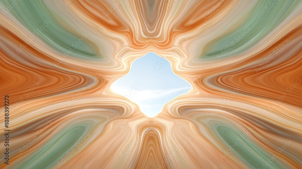 Poster abstract swirled landscape with soft colors creating a portal effect featuring a bright blue sky in 