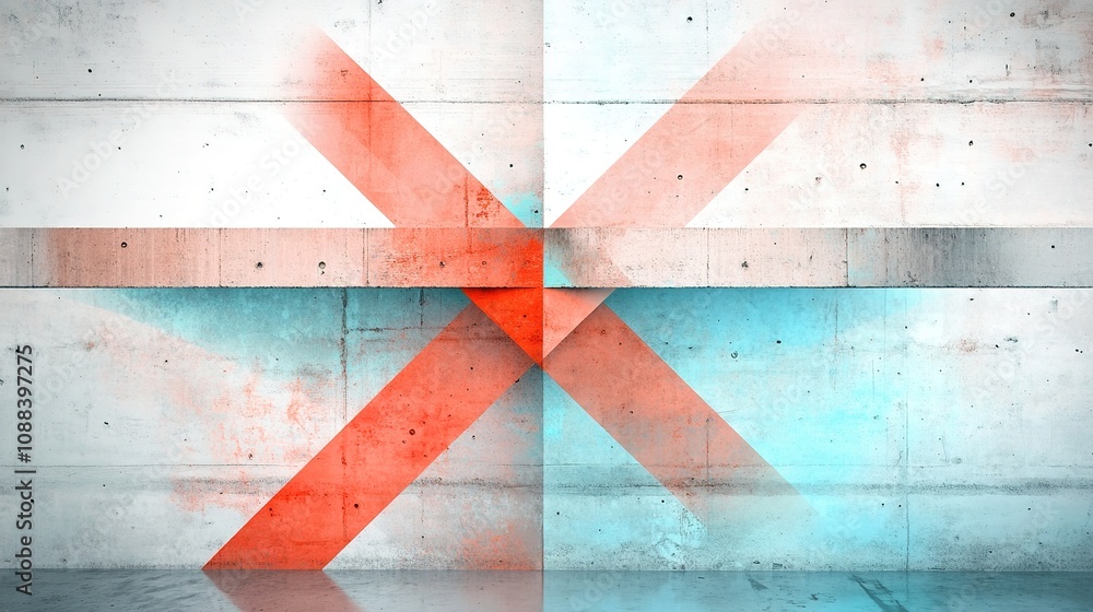 Poster abstract geometric patterns created on a textured concrete wall featuring bold red and aqua colors, 