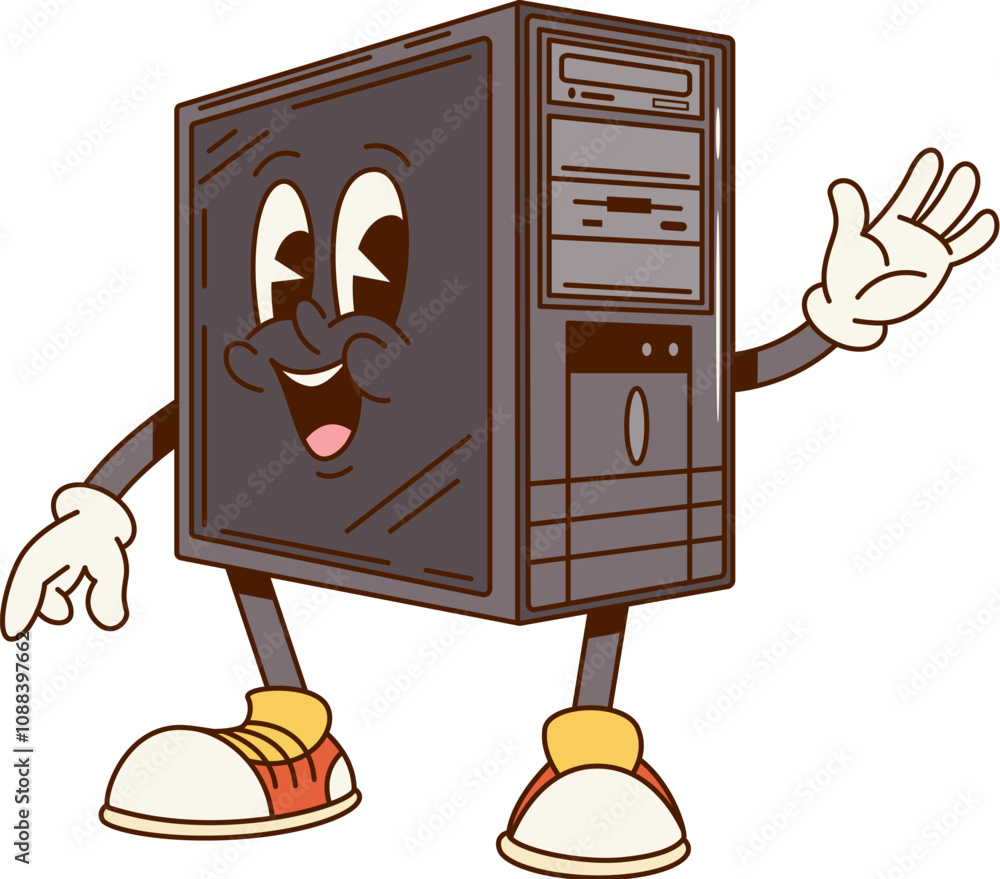Poster groovy computer system unit character or retro cartoon pc with funny face, vector comic. groovy funk
