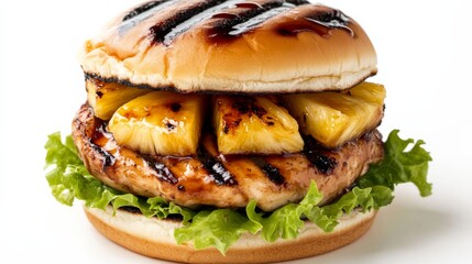A gourmet chicken teriyaki burger with a succulent grilled chicken breast, teriyaki glaze, grilled pineapple