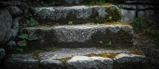 Weathered stone steps covered in moss, leading through a natural environment.