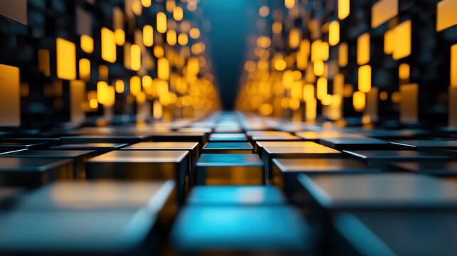 Futuristic Perspective of a Digital Pathway with Glowing Cubes Executing a Modern Art Concept in a Technology-Driven Environment