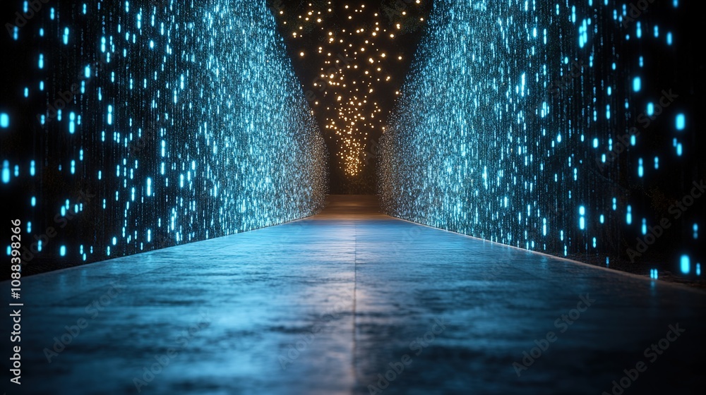 Poster enchanting pathway of light with shimmering blue particles and twinkling stars creating a dreamlike 