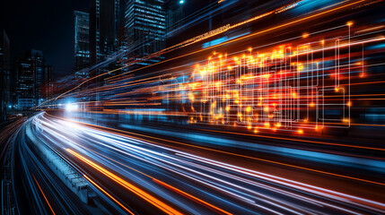 Dynamic cityscape with light trails and smart grid technology