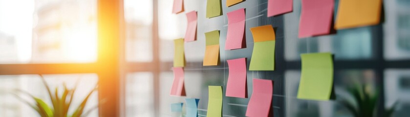 Colorful sticky notes on a glass board with sunlight filtering through. Ideal for brainstorming and planning.