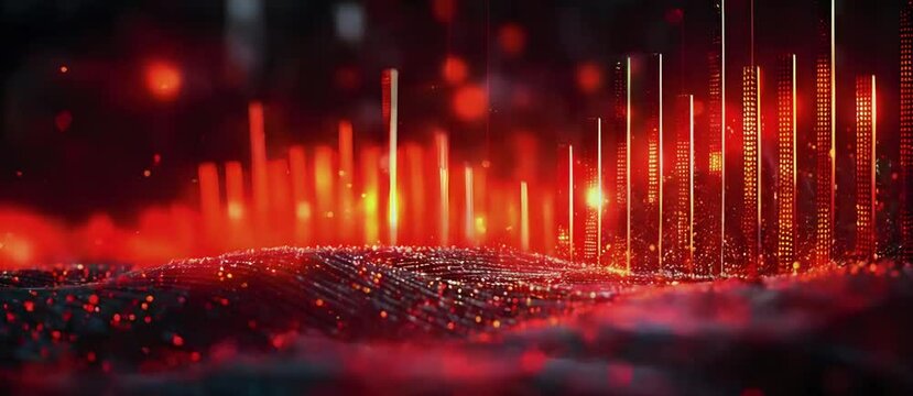 Glowing stock chart with city skyline background.