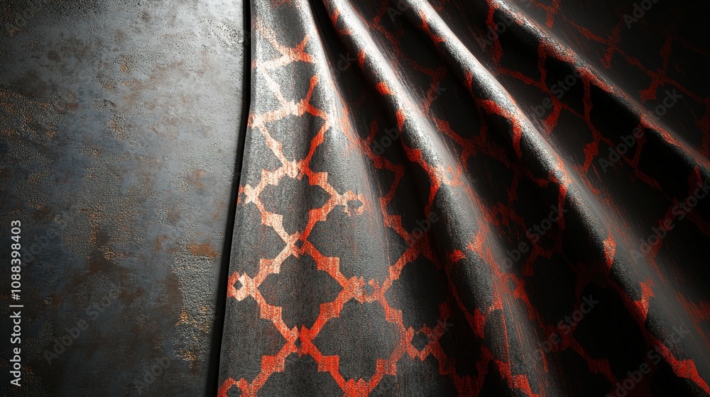 Poster elegant antique textile with geometric pattern draped over rustic surface, showcasing rich hues of r