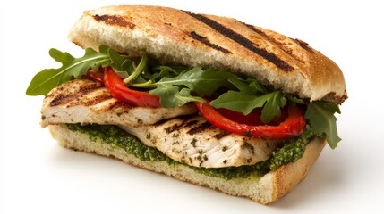 A gourmet grilled chicken sandwich with marinated grilled chicken breast, roasted red peppers, arugula