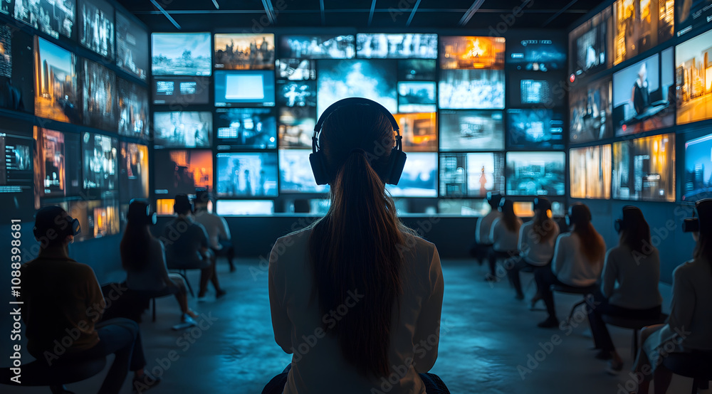 Poster a person sits in a dark room, immersed in audio, surrounded by numerous screens displaying various i