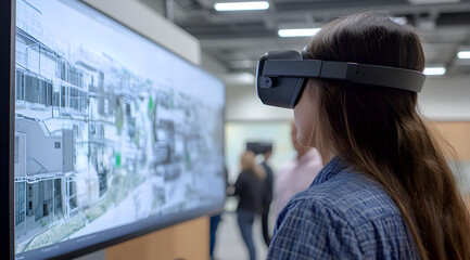 A woman wearing virtual reality goggles interacts with a digital display showing architectural designs in a modern tech environment.