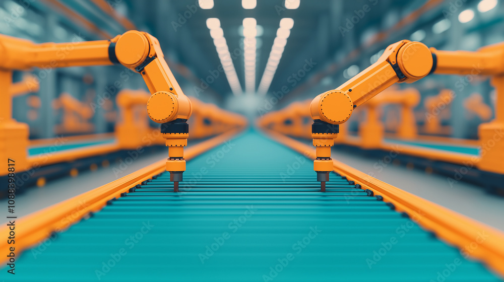Poster Autonomous robots working on factory floor with conveyor belts