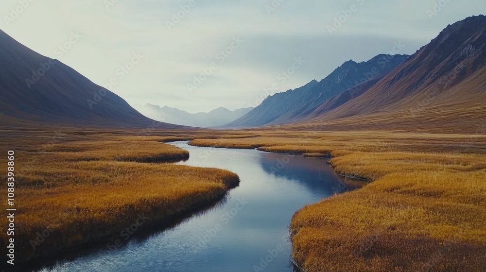 Poster a river flows through a grassy plain with mountains in the background