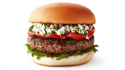 A gourmet lamb burger with a juicy lamb patty seasoned with herbs and spices, topped with feta cheese, roasted red peppers