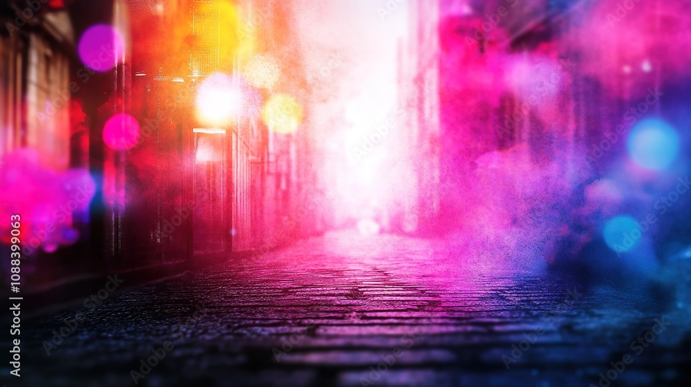 Aufkleber vibrant alleyway with colorful smoke and light effects creating a dreamlike atmosphere in an urban s