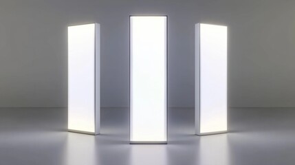 Realistic white portable vertical pull-up banners mockup for advertising or product display on modern illustration information booth.