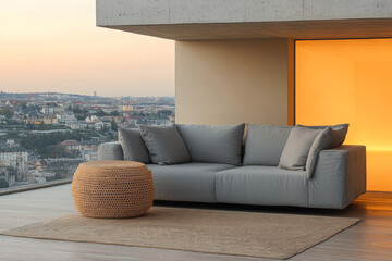 Modern balcony with cozy gray sofa and woven table overlooking sunset city view