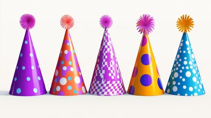 Set of 3D modern party hats with colorful designs for birthday or anniversary celebrations in realistic illustrations.