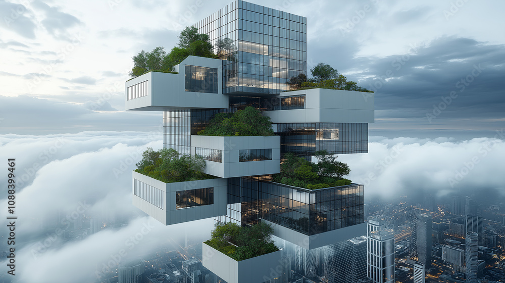 Poster futuristic skyscraper design with greenery and clouds