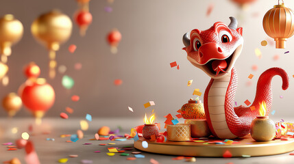 Obraz premium Adorable cartoon dragon celebrating with festive decorations and confetti