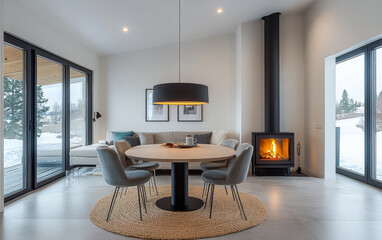 Fototapeta premium Cozy modern living space with a fireplace and snowy outdoor view in winter season