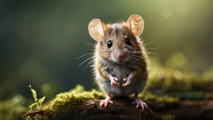A wild mouse perched on its hind legs-