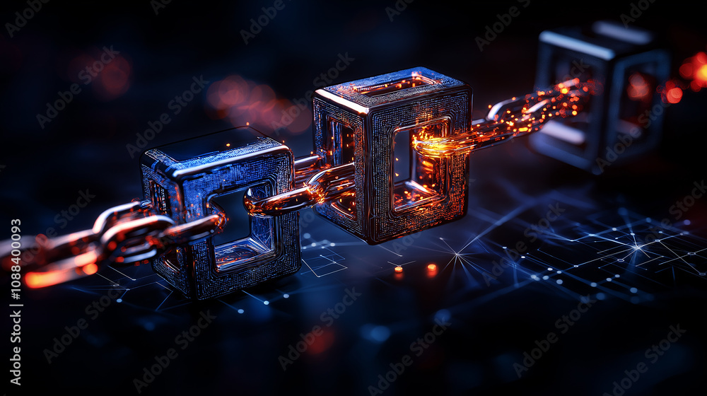 Poster glowing blockchain network concept with interconnected blocks