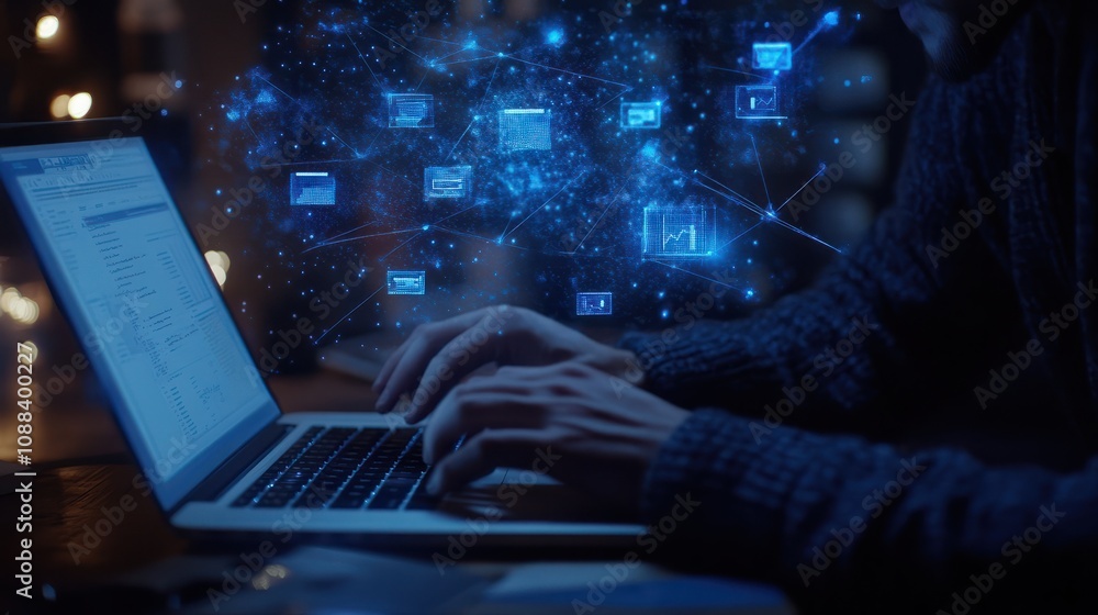 Poster a person working on their laptop, with digital blue glowing lines connecting various file icons and 