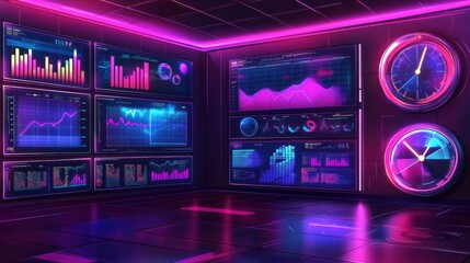 Fototapeta premium Modern computer server room with analytics dashboard, blockchain, and network communication concept illustration for digital data.