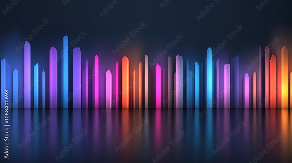 Poster vibrant neon light bars in various colors reflecting on dark surface creating a modern and abstract 