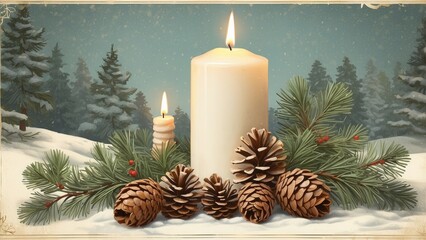 This vintage-style traditional winter holiday greeting card features pine cones in the snow, Christmas candles, and a pine tree branch