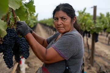 Fototapeta premium A woman joyfully picks ripe grapes from a vineyard, embodying the fruitful essence of harvest and the timeless beauty of nature.