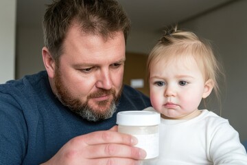 Caring father administers medicine to his unwell child, showcasing nurturing and tenderness in a warm, domestic setting.