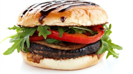 A gourmet portobello mushroom burger with a marinated mushroom cap, roasted red pepper, arugula