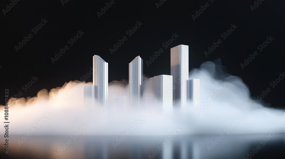 Poster futuristic cityscape model surrounded by mist and fog with illuminated base, representing innovation