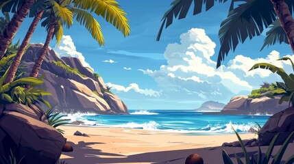 Naklejka premium Cartoon tropical lagoon: tranquil seas, sandy beach, palm trees, rocky mountains, blue sky. Modern empty shore illustration.